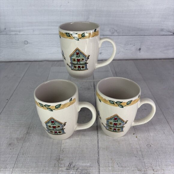 Thomson Pottery BIRDHOUSE 39146 Birds Vines Hearts 12oz 4" Tall Mug Cup Set 3 - Picture 2 of 16